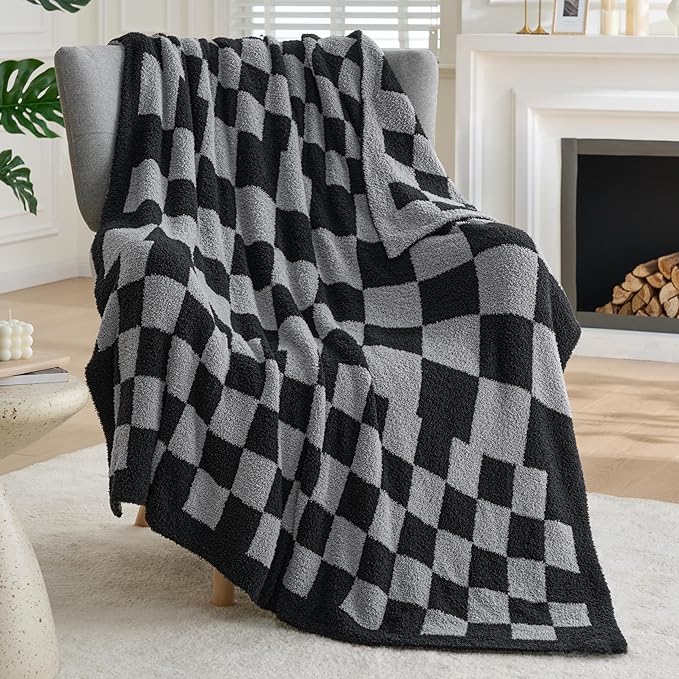 Joiedomi Throw Blanket for Couch, Black Grey Checkered Knitted Blankets Gifts for Women Mom Girls, Cozy Cute Soft Throw Home Room Decor Aesthetic Women Mothers Birthday Gifts 50x60 Inches