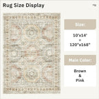 10x14 Area Rugs for Living Room, Non Slip Machine Washable Vintage Rugs, Low Pile Lightweight Large Rug for Bedroom, Dining Room, Home Office Brown Pink