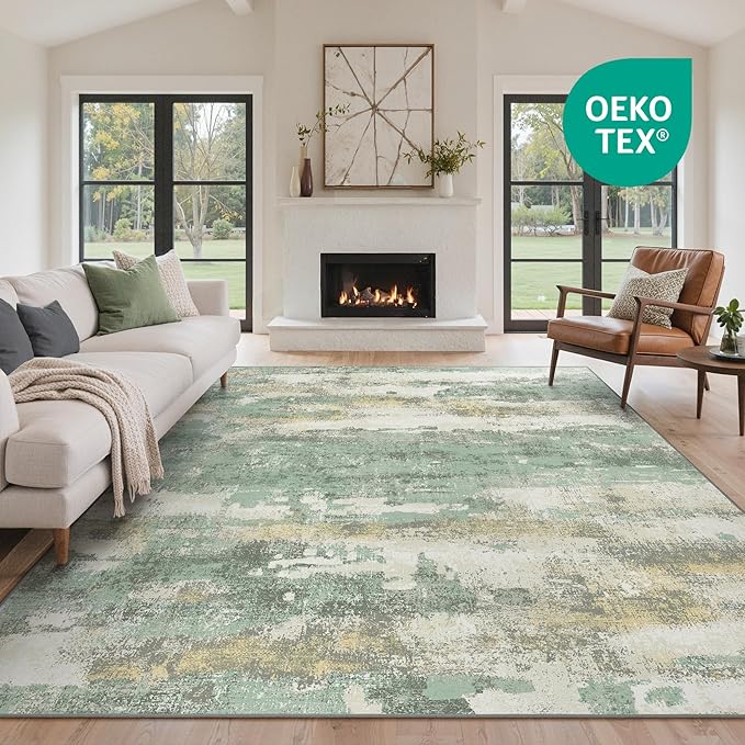 GENIMO No Crease Non Slip 8x10 Area Rugs for Living Room, Craft Woven Modern Rug, Soft Floor Carpet, Single-Piece Rugs for Bedroom, Dining Room, Office, Green Gray