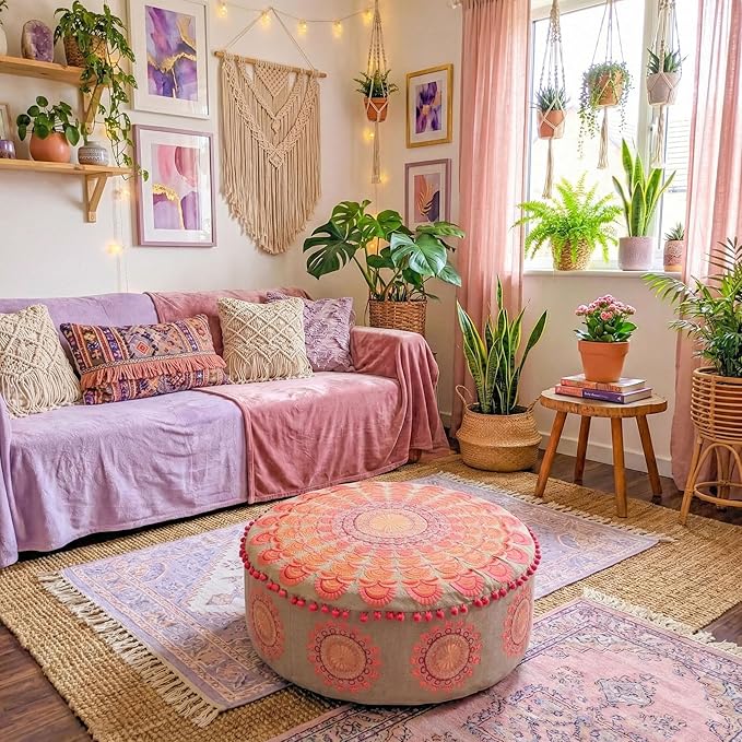 Mandala Life ART Large Boho Pouf Cushion Cover Pink Round Floor Pillow Luxury Kids Room Décor Cotton Pouf Ottoman Cushion for Meditation Yoga and Boho Chic Seating Area Stool Cotton 24x8 Unstuffed