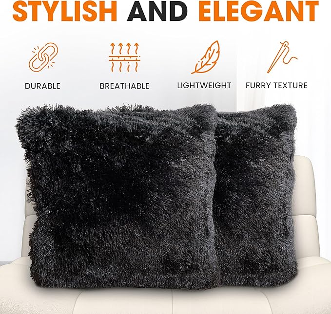 Cheer Collection Throw Pillows for Couch and Bed, Soft Shaggy Throw Pillows with Inserts Included, Cozy Long Hair Faux Fur Pillows - Set of 2-20" x 20" - Black