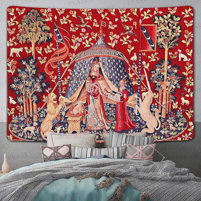 FEASRT GTQQAY1210 Medieval Princess Tapestry - Maiden & Unicorn Design, 80x60 inches, Perfect for Bedroom & Living Room Decor