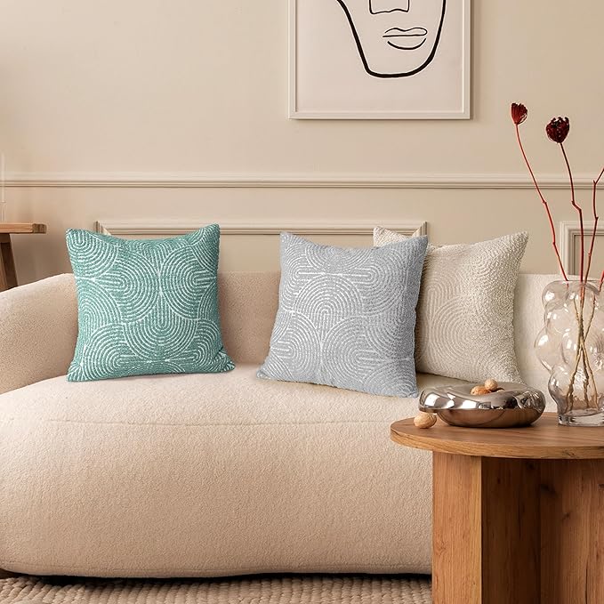 AELS Boho Decorative Textured Throw Pillow Covers 18x18, Modern Mid Century Rainbow Tufted Pillow Case, Farmhouse Rustic Geometric Woven Cushion Case for Bed Couch Sofa, Light Gray