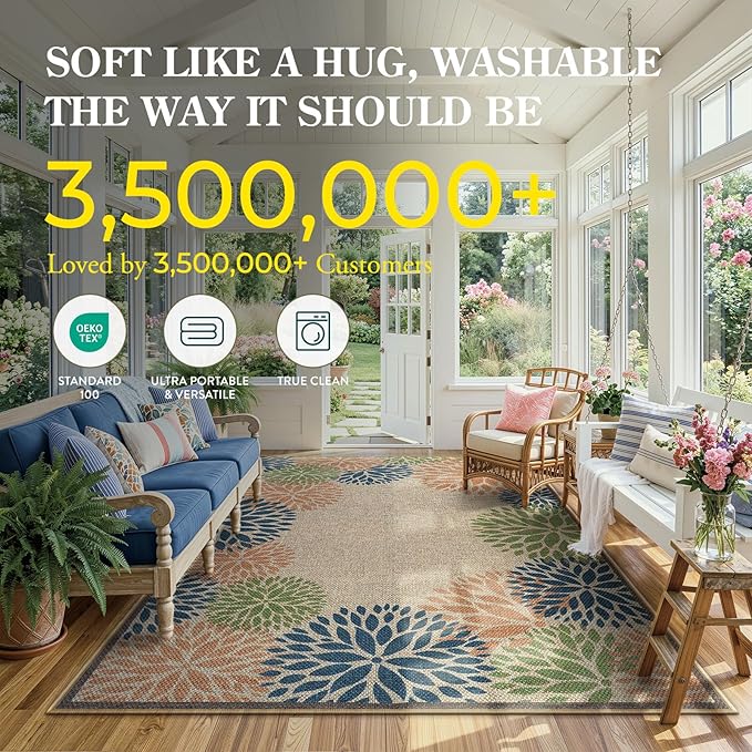 LIVEBOX Modern Easy Jute 5x7 Outdoor Rug, Washable Area Rugs for Living Room Patio Tropical Floral Indoor Outdoor Rug, Boho Farmhouse Non Slip Carpet for Backyard Foyer Dining Room(Olive, 5'x7')