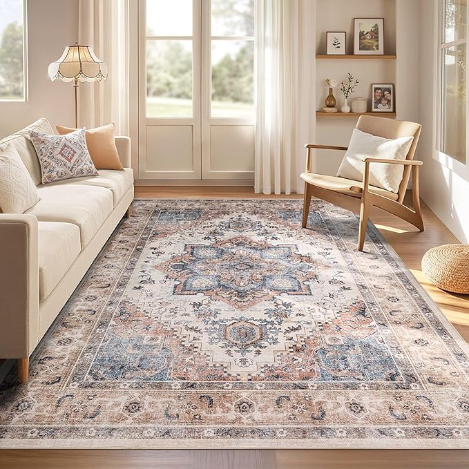 Washable Rug 9x12 Area Rugs: Boho Vintage Distressed Oriental Medallion Neutral Thin Large Rug Carpet for Living Room Bedroom Dining Room Home Office Decor - Camel
