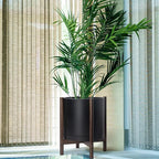 D'vine Dev Planter Pot with Stand - 16 Inch Plastic Cylinder Flower Pot with Wood Planter Holder for Indoor, Matte Black Pot + Walnut Color Stand, 55-C-X-2