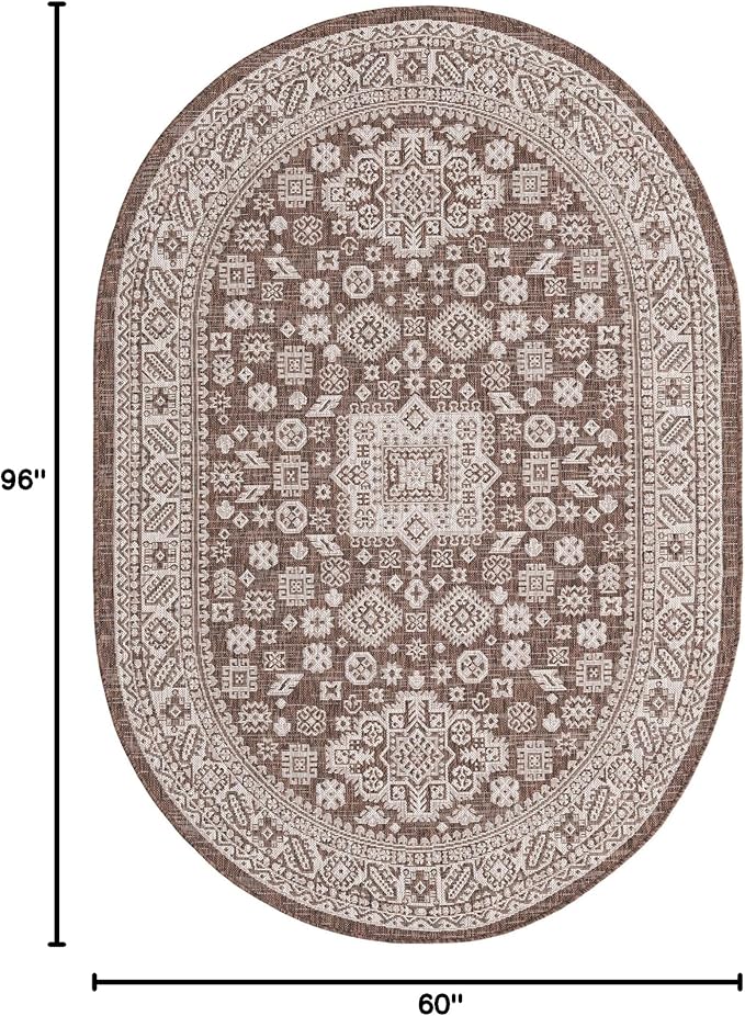 Rugs.com Outdoor Aztec Collection Rug – 5' x 8' Oval Brown Flatweave Rug Perfect for Living Rooms, Large Dining Rooms, Open Floorplans