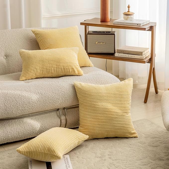 Home Brilliant Set of 2 Super Soft Corduroy Spring Pillow Covers 16x16 Decorative Throw Pillow Covers for Couch Sofa Bed Living Room Hallway Decor, 16 x 16 inch, Light Yellow