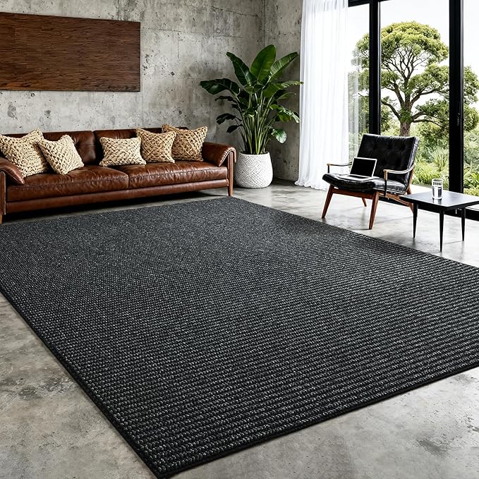 Softlife 5x7 Rugs for Living Room Faux Jute Area Rug Washable Modern Bedroom Rugs Large Non-Slip Farmhouse Floor Carpet for Dining Room Hallway Office Kitchen Entryway, Black