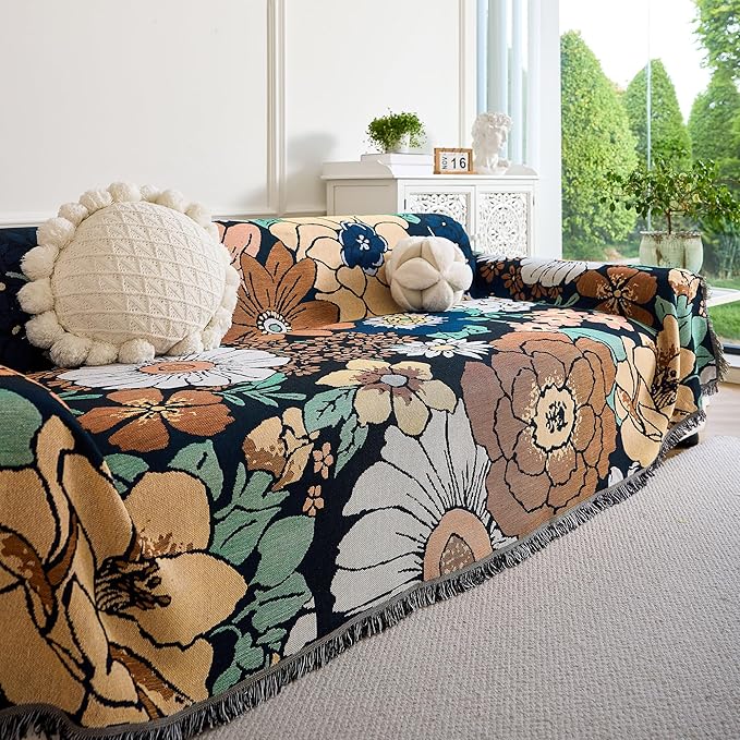 Boho Throw Blanket, 100% Handwoven Cotton Southwestern Farmhouse Floral Decor Reversible Blanket, All Season Throw for Sofa Bed Tapestry Outdoor Camping Picnic. 71″×134″