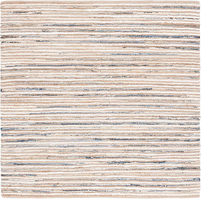 SAFAVIEH Cape Cod Collection Area Rug - 6' Square, Natural & Light Blue, Handmade, Braided Design, Ideal for The Living Room, Bedroom, Dining Room (CAP151L-6SQ)