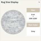 9x9 Grey Round Rug 9ft Living Room Circle Rug Vintage Round Area Rug Non Slip Indoor Carpet for Apartment