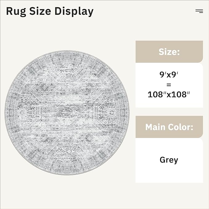 9x9 Grey Round Rug 9ft Living Room Circle Rug Vintage Round Area Rug Non Slip Indoor Carpet for Apartment
