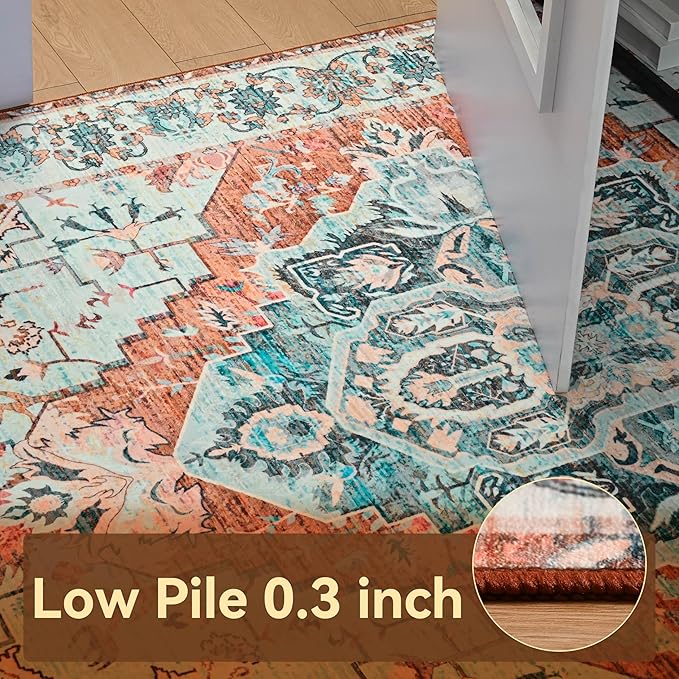 YJ.GWL Area Rugs for Living Room 4x6 Machine Washable Rugs for Bedroom, Non Slip Floral Vintage Rug Indoor Carpet, Stain Resistant Throw Rug for Dining Room Kitchen, Copper Tan