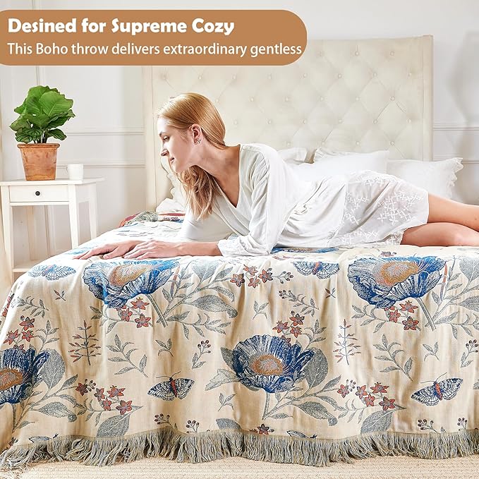 Boho Throw Blanket, 100% Organic Cotton Breathable Ultra Soft Bed Quilt Throw - All Season Floral Bird Butterfly Farmhouse Decor Blanket for Sofa Couch Chair and Gift. 60" x 80"