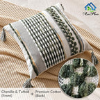 AmHoo Set of 2 Chenille Striped Textured Boho Throw Pillow Covers Aesthetic with Tassels Woven Decorative Pillow Case for Couch Bed Sofa Bedroom Modern Funky 18 x 18-Inch Sage Green