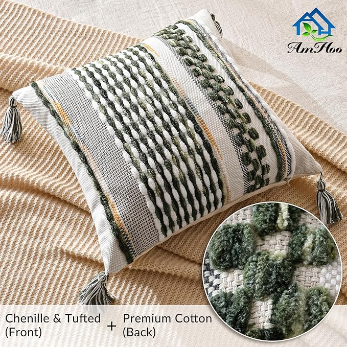 AmHoo Set of 2 Chenille Striped Textured Boho Throw Pillow Covers Aesthetic with Tassels Woven Decorative Pillow Case for Couch Bed Sofa Bedroom Modern Funky 18 x 18-Inch Sage Green