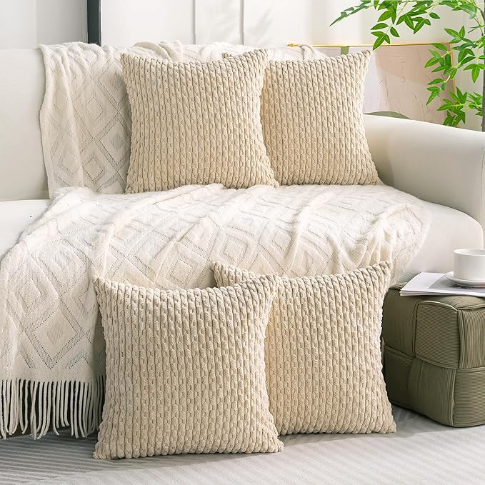 Set of 4 Beige Decorative Throw Pillow Covers 24x24 Inch Corduroy Pillow Covers for Bed Couch Sofa Living Room Soft Square Cushion Cases