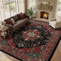 Area Rugs 9'x12' Washable Non-Slip, Floral Vintage Distress Print Pattern Medallion Carpet for Living Room Bedroom Dining Room, Red Black