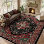 Area Rugs 9'x12' Washable Non-Slip, Floral Vintage Distress Print Pattern Medallion Carpet for Living Room Bedroom Dining Room, Red Black