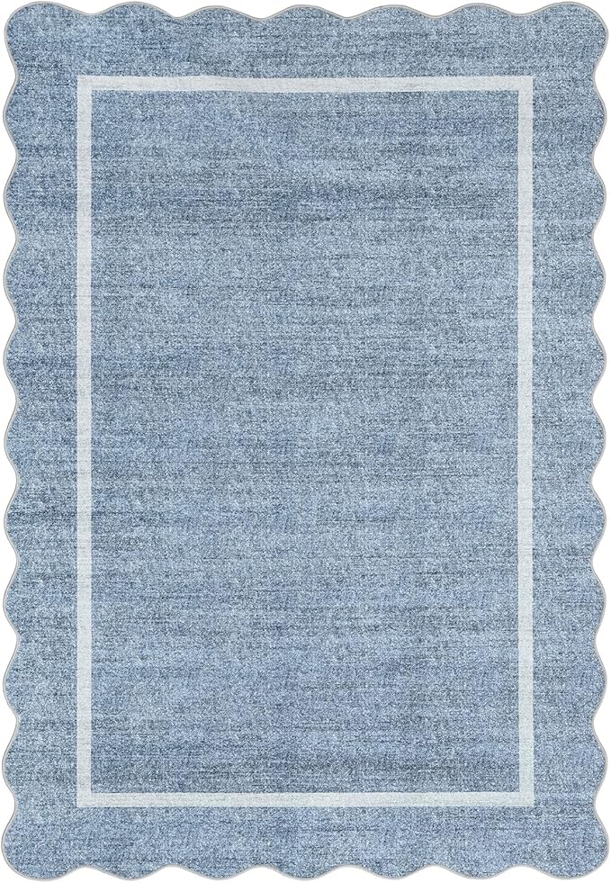 GarveeHome Scalloped Door Mat Indoor Entrance 2x3 Rug Machine Washable Boho Solid Small Area Rug Non-Slip Low Pile Throw Rugs for Entryway Kitchen Front Door Indoor Entrance Entry Kids Room, Blue
