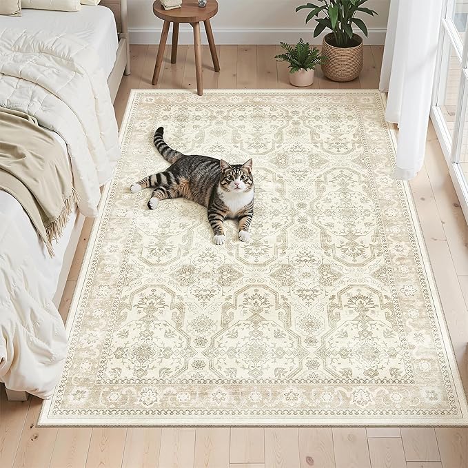 4x6 Area Rugs for Living Room, Vintage Washable Rugs for Dining Room, Bedroom, Home Office Decor, Non-Slip Beige/Brown Carpet Thin Rug