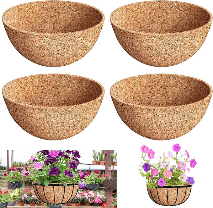 Riare 4 Pack 12 Inch Round Coco Liners Replacement, 100% Natural Coconut Coir Liners for Hanging Baskets, Garden Flower Vegetables Planter Pot, Window Box, Fence, Decks