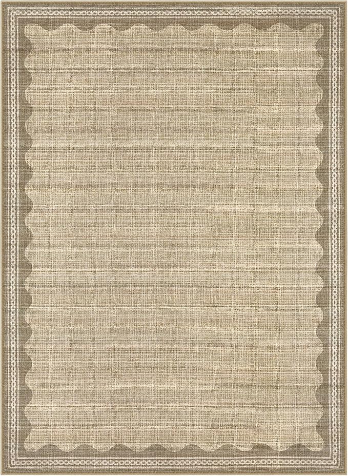 GarveeHome Scalloped Washable Rugs 9x12 Rug for Living Room Non-Slip Solid Tan Jute Digital Printing Modern 9 x 12 Rug Low-Pile Carpet for Bedroom Dining Nursery Mat with Rubber Back