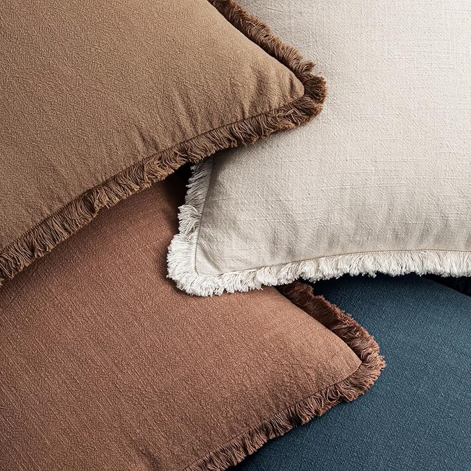 MIULEE Decorative Couch Pillow Covers Neutral Linen Fringe Throw Pillows Set of 4 Modern Rustic Cushions Boho Farmhouse Pillowcases for Bed Sofa Living Room Spring Decor 24x24 Inch Beige/Brown/Blue