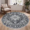 GENIMO 5FT Round Area Rugs for Living Room, Circle Rugs Machine Washable Low Pile, Chenille Non Slip Vintage Rug for Bedroom, Dining Room, Home Office, Charcoal Brown