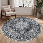 GENIMO 5FT Round Area Rugs for Living Room, Circle Rugs Machine Washable Low Pile, Chenille Non Slip Vintage Rug for Bedroom, Dining Room, Home Office, Charcoal Brown
