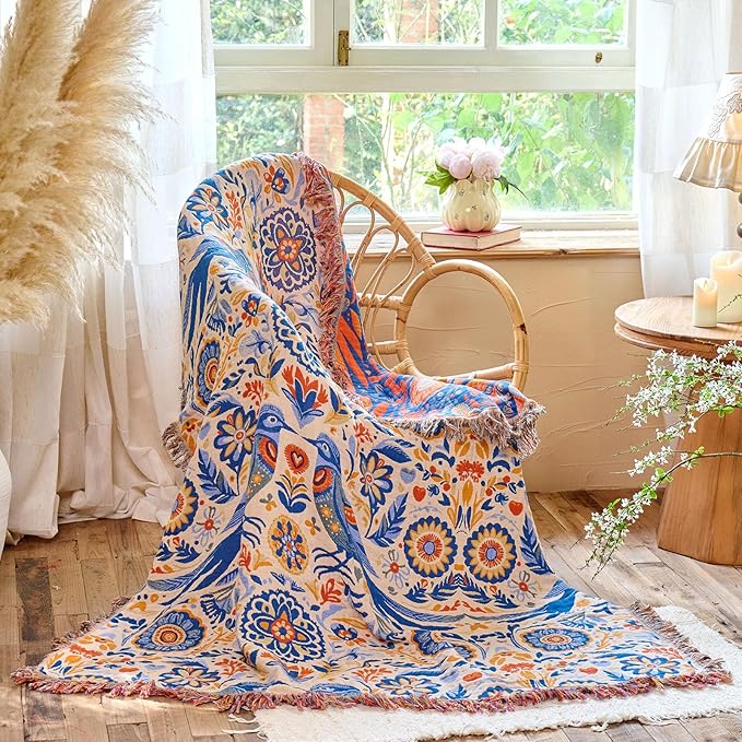 Boho Throw Blanket 50"x60" 100% Cotton Couch Floral Blanket with Flower Bird Pattern, Reversible Soft Breathable Lightweight Spring Decorative Tassel Blankets for Chair Sofa Bed Decor All Season