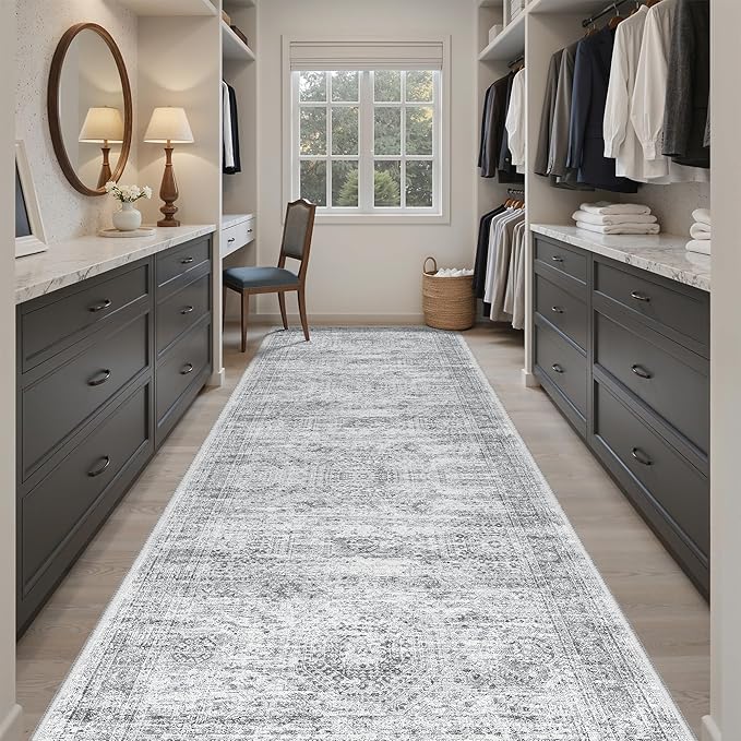 4x12 Wide Hallway Runners: Washable 12ft Runner Rug for Entryway Living Room Soft Vintage Non Slip Carpet Runner for Kitchen Dining Room Nursery Bedroom (Grey, 4x12ft)