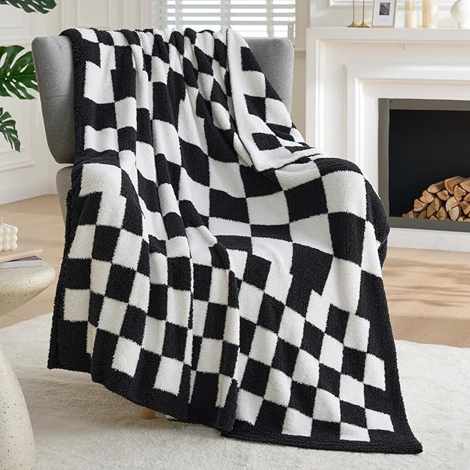 Joiedomi Throw Blanket for Couch, Black White Checkered Knitted Blankets Gifts for Women Mom Girls, Cozy Cute Soft Throw Home Room Decor Aesthetic Women Mothers Birthday Gifts 50x70 Inches