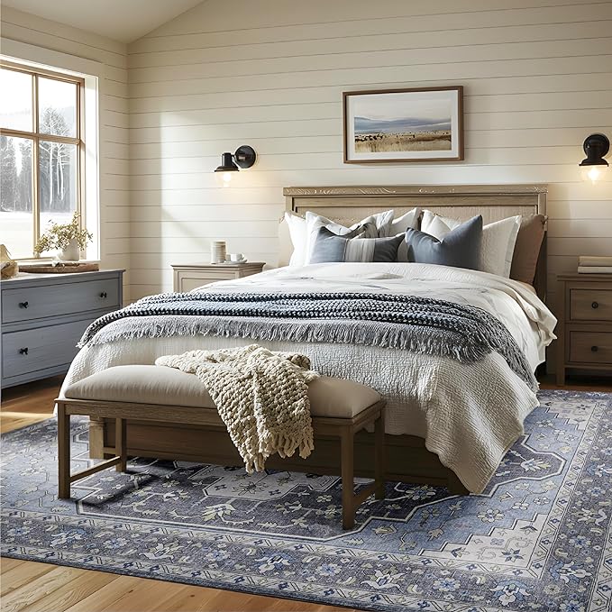 Bedsure 3x5 Area Rugs for Living Room, Machine Washable Rugs, Non-Slip Backing, Non-Shedding, Vintage Low Pile Easy Care Throw Carpet for Bedroom Dining Room, Medium Gray