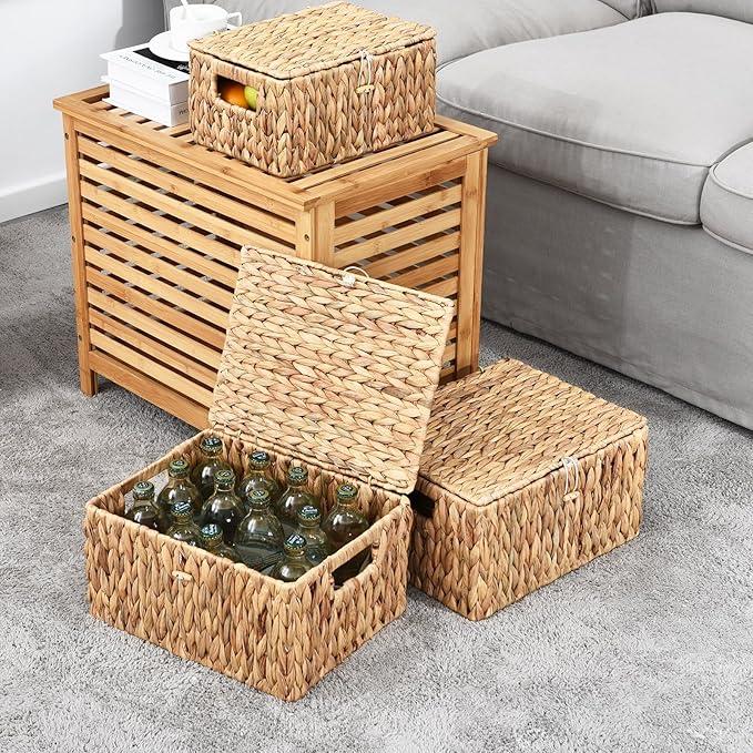 FairyHaus Wicker Storage Baskets with Lids, Set of 2, Natural Water Hyacinth, Rectangular, Large 13"x10"x7" & Small 11.2"x8.3"x5.7"