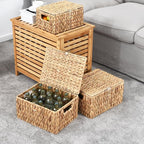 FairyHaus Wicker Storage Baskets with Lids, Set of 2, Natural Water Hyacinth, Rectangular, Large 13"x10"x7" & Small 11.2"x8.3"x5.7"