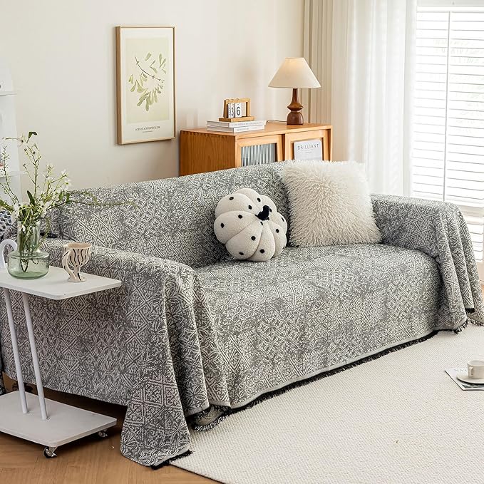 ROOMLIFE Couch Cover Black Boho Sofa Covers for 3 Cushion Couch Washable, Furniture Protector Sofa Couch Cover for Dogs, Soft Breathable Sofa Slipcover, Couch Throw Blankets with Tassels 71''X118''