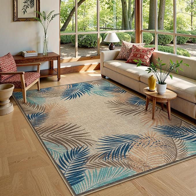 LIVEBOX Modern Easy Jute 5x7 Outdoor Rug, Washable Area Rugs for Living Room Patio Tropical Leaf Indoor Outdoor Rug, Boho Farmhouse Non Slip Carpet for Backyard Foyer Dining Room(Olive, 5'x7')
