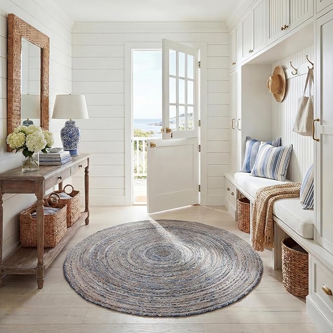 SAFAVIEH Area Rug 6' Round - Cape Cod Collection - Blue & Natural Brown, Handmade Jute & Cotton, Woven Braided Design (CAP202M)
