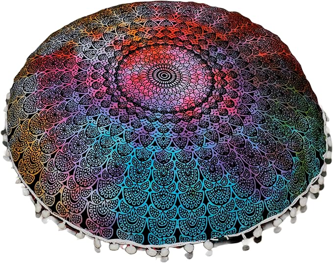 Round Mandala Floor Pillow Cover Seating Cushion Throw Cover Hippie Decorative Bohemian Ottoman Pouf Cover, Pom Pom Pillow Cases,Boho Indian 22 Inches (Multi Peacock)
