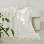 Simple&Opulence Boho Fringed Linen Throw Blanket for Bed, Couch, 50”x70” Pre-Washed Vintage Decorative Woven Blanket with Tassels, Breathable Durable Cozy Farmhouse for All Seasons (Ivory)