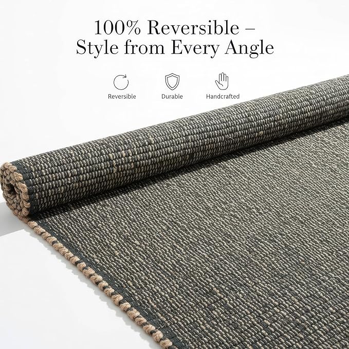 Green Jute & Cotton Braided Rug Runner 2' x 6' – Reversible Soft Hallway, Kitchen, Entryway Rug