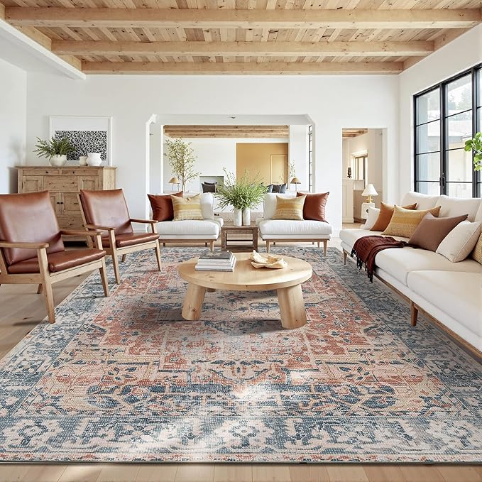 10x14 Area Rugs for Living Room Bedroom, Large Washable Rug, Coral Vintage Retro Boho Rug, Non Slip & Low Pile Faux Wool Thin Carpet for Indoor Dining Room, Kids Room(Coral Blue 10x14ft)