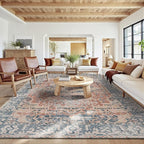 10x14 Area Rugs for Living Room Bedroom, Large Washable Rug, Coral Vintage Retro Boho Rug, Non Slip & Low Pile Faux Wool Thin Carpet for Indoor Dining Room, Kids Room(Coral Blue 10x14ft)