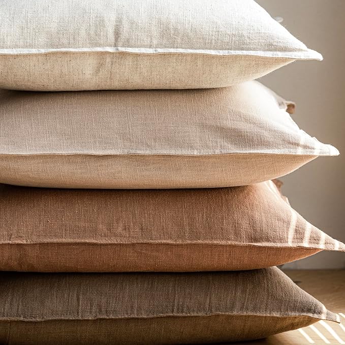 Foindtower Pack of 2, Decorative Linen Soild Throw Pillow Covers Soft Accent Cushion Case Boho Farmhouse Pillowcase for Chair Couch Sofa Bedroom Living Room Home Decor 18 x 18 Inch Light Khaki Brown