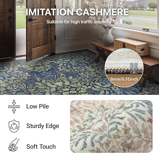 GENIMO Floral Reversible Runner Rug 2’6”x8’, Non-Slip Washable Low-Pile Lightweight Rug for Hallway, Kitchen, Laundry Room, Bedroom, Bathroom, Vintage Boho Indoor Decor, Beige/Navy