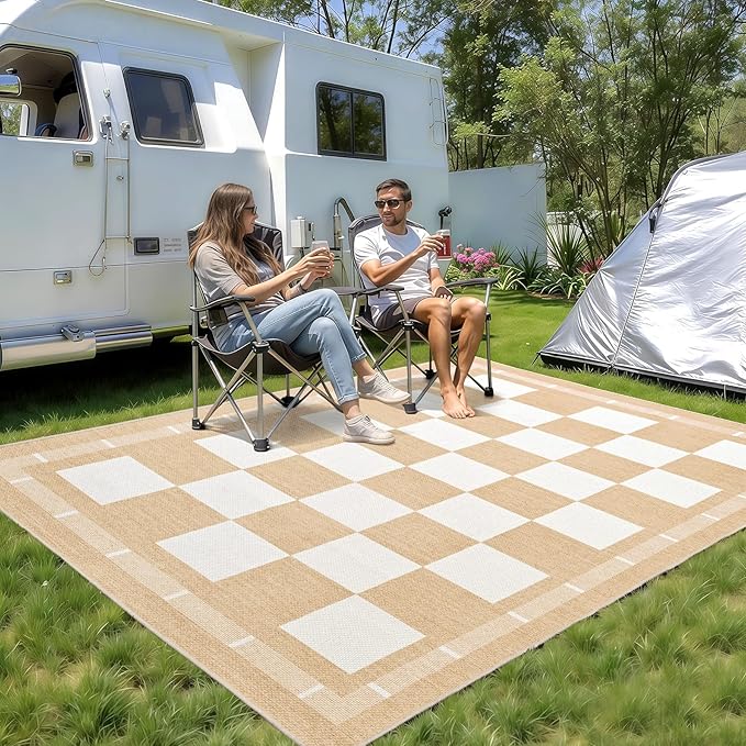 Vasofe Checkered Jute Rugs, 6x9 Large Washable Outdoor Patio Rug, Living Room Bedroom Dining Room Indoor Carpet, Non Slip Modern Farmhouse Neutral Geometric Porch Classroom Mat, Khaki and White