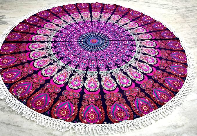 Round Beach Tapestry Turquoise Mandala Throw/Boho Hippie Beach Blanket Roundie/Indian Cotton Bohemian Large Round Table Cloth-Home Decor/Yoga Mat Meditation Picnic Rug (70", White And Pink)