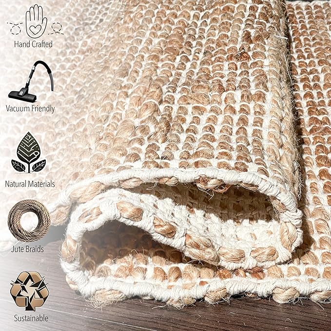 Chardin home 8x10 Jute Cotton Handwoven Area Rug | Braided Boho Farmhouse Rug in Natural Jute/Ivory | Rustic Vintage Floor Covering for Living Room, Bedroom, Kitchen, and Entryway